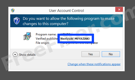 Screenshot where Noriyuki MIYAZAKI appears as the verified publisher in the UAC dialog